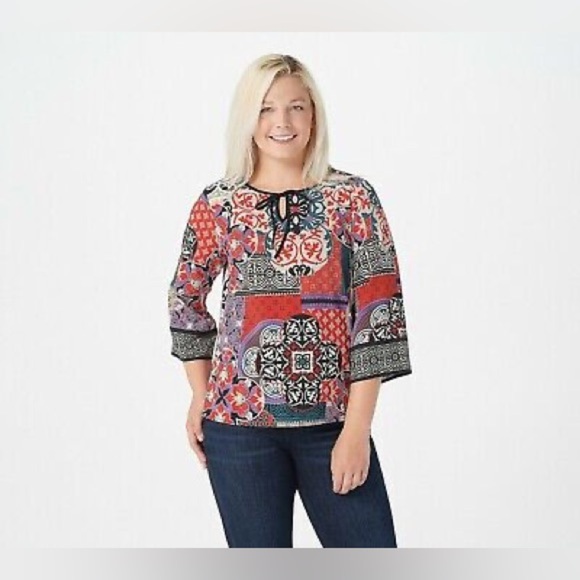 Bob Mackie Global Montage Print Boxy Top Bright Colorful Artsy Lightweight Large - Picture 2 of 10